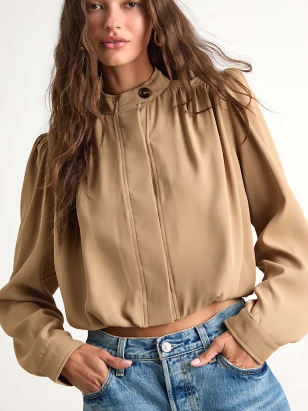 Tan Puff Sleeve Cropped Bubble-Hem Jacket